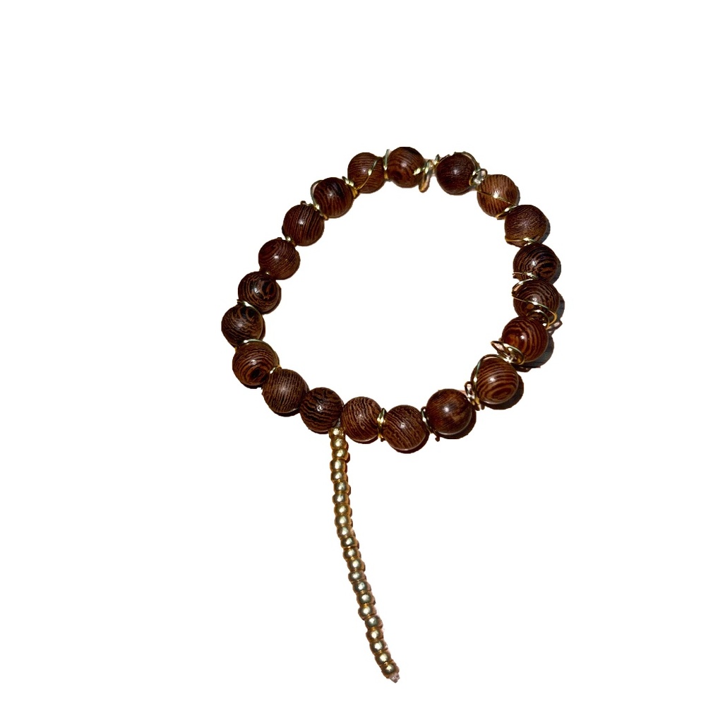 Handcrafted Gold Wired Wood Bead Bracelet with Tail